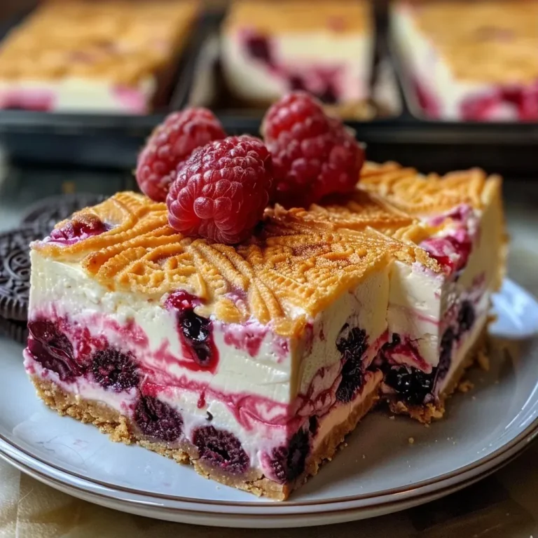 ['Close-up of Berry Swirl Cheesecake Bars with vibrant berry topping.', 'Side view of creamy cheesecake bars with a berry swirl on top.', 'Delicious Berry Swirl Cheesecake Bars displaying a colorful raspberry filling.', 'An iPhone 15 Pro shot of cheesecake bars with a rich berry pie filling.']