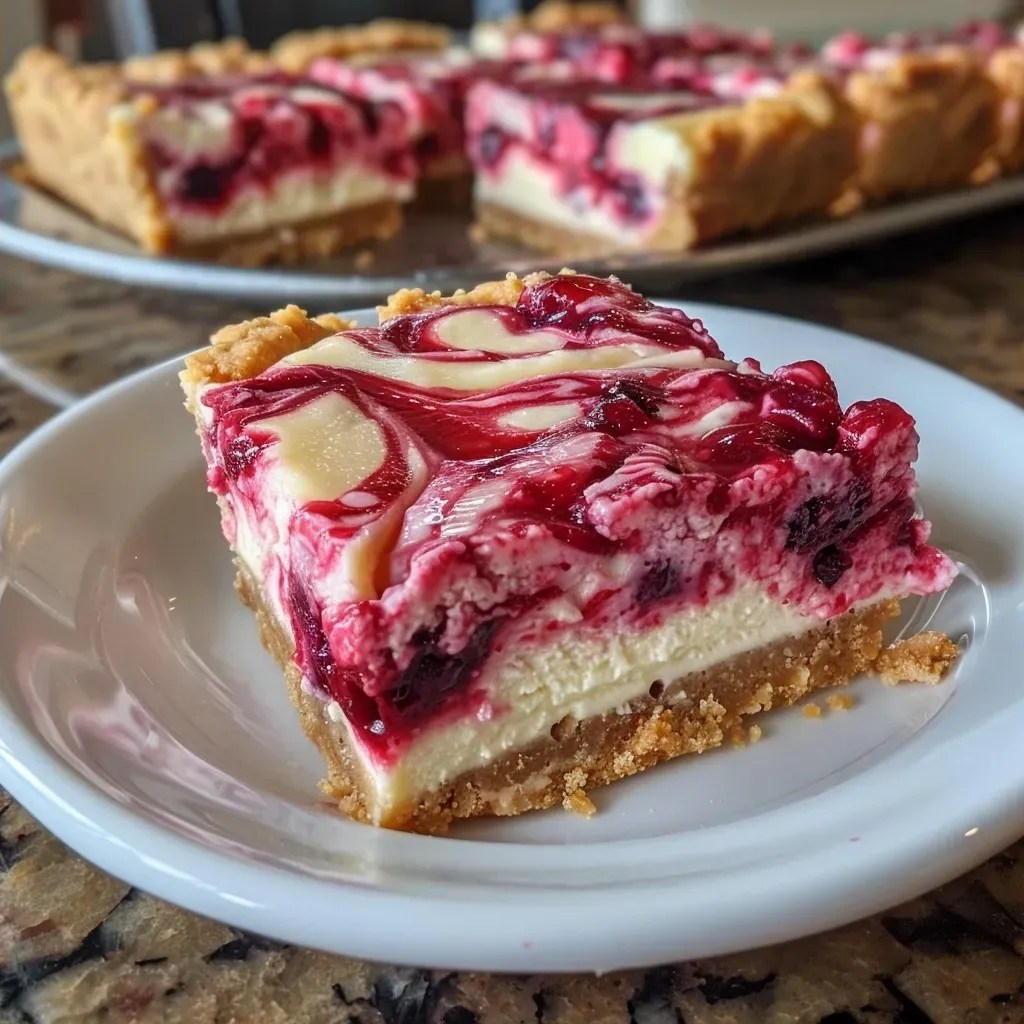 ['Close-up of Berry Swirl Cheesecake Bars with vibrant berry topping.', 'Side view of creamy cheesecake bars with a berry swirl on top.', 'Delicious Berry Swirl Cheesecake Bars displaying a colorful raspberry filling.', 'An iPhone 15 Pro shot of cheesecake bars with a rich berry pie filling.']