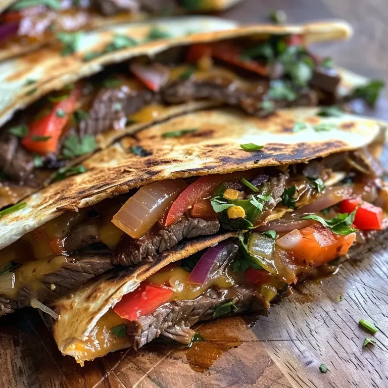 ['Close-up of crispy steak quesadilla filled with cheese and sliced onions.', 'Side view of a golden-brown quesadilla, oozing with melted cheese and steak.', 'Plate of steak quesadillas, showcasing layers of meat, cheese, and onions.', 'Appetizing shot of a sliced quesadilla revealing juicy steak and cheese filling.']