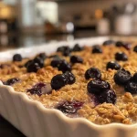 ['Close-up side view of blueberry baked oatmeal in a dish, showcasing fresh blueberries and a golden brown topping.', 'Side view of a serving of blueberry baked oatmeal, highlighting the texture and juicy blueberries.', 'Juicy blueberry baked oatmeal in a bowl, with visible oats and blueberries.', 'Detailed view of blueberry baked oatmeal, featuring a rich color and a sprinkle of cinnamon.']