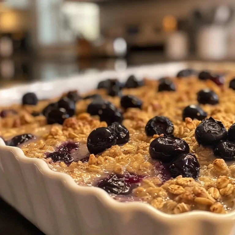 ['Close-up side view of blueberry baked oatmeal in a dish, showcasing fresh blueberries and a golden brown topping.', 'Side view of a serving of blueberry baked oatmeal, highlighting the texture and juicy blueberries.', 'Juicy blueberry baked oatmeal in a bowl, with visible oats and blueberries.', 'Detailed view of blueberry baked oatmeal, featuring a rich color and a sprinkle of cinnamon.']