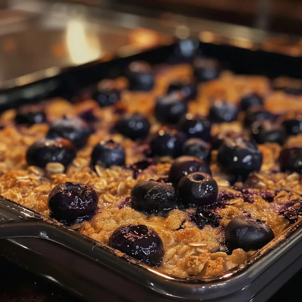 ['Close-up side view of blueberry baked oatmeal in a dish, showcasing fresh blueberries and a golden brown topping.', 'Side view of a serving of blueberry baked oatmeal, highlighting the texture and juicy blueberries.', 'Juicy blueberry baked oatmeal in a bowl, with visible oats and blueberries.', 'Detailed view of blueberry baked oatmeal, featuring a rich color and a sprinkle of cinnamon.']