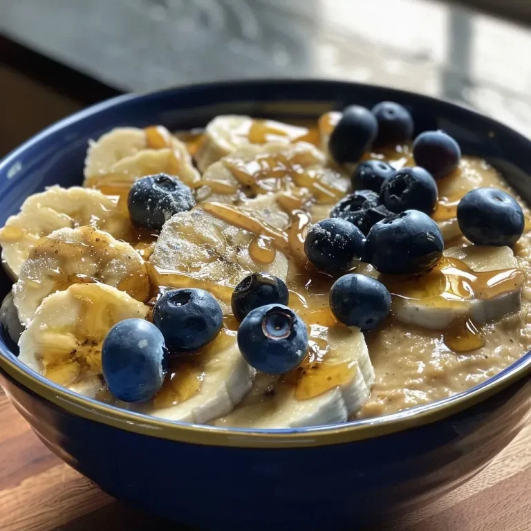 ['Side view of a Blueberry Banana Protein Pancake Bowl topped with fresh blueberries and peanut butter.', 'Close-up of a colorful pancake bowl featuring bananas, blueberries, and creamy peanut butter.', 'Delicious Blueberry Banana Protein Pancake Bowl with a rich texture and vibrant fruit toppings.', 'A hearty stack of protein pancakes adorned with blueberries and a drizzle of maple syrup.']