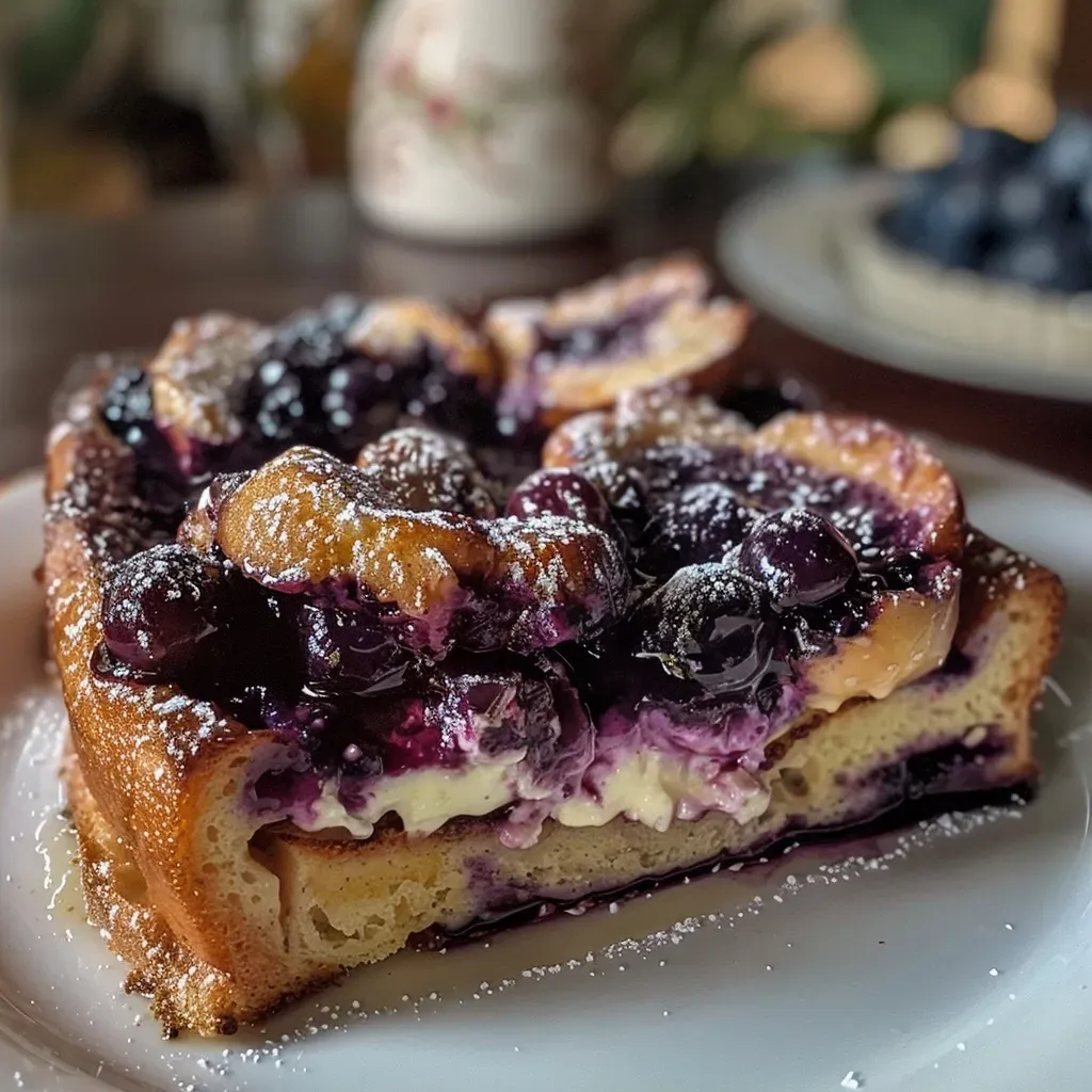 ['Close-up of a Blueberry Mascarpone French Toast Bake, highlighting juicy blueberries and creamy mascarpone.', 'Side view of a rich Blueberry Mascarpone French Toast Bake, showcasing golden bread and fresh blueberries.', 'Delicious Blueberry Mascarpone French Toast Bake with layers of bread, blueberries, and mascarpone cheese.', 'A hearty slice of Blueberry Mascarpone French Toast Bake, topped with fresh blueberries and dusted with powdered sugar.']