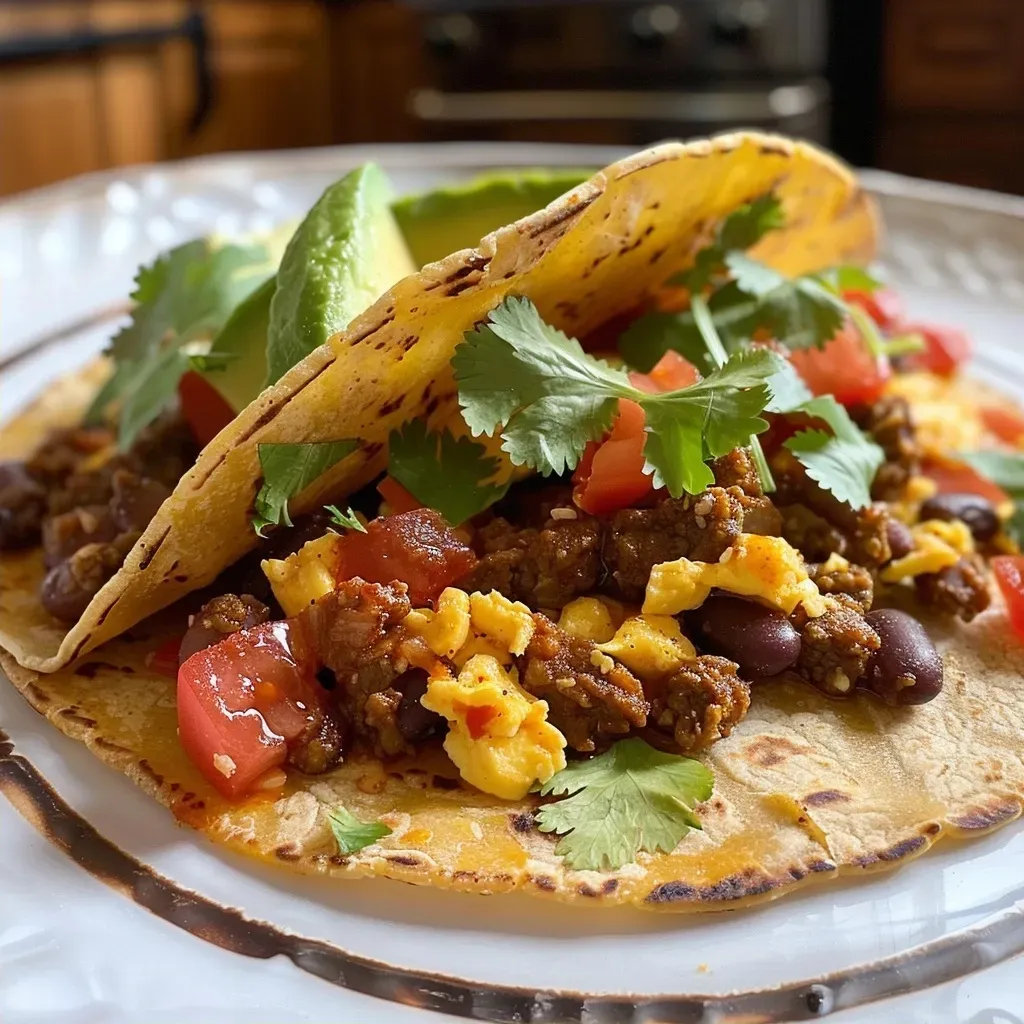 ['Close-up of a breakfast taco filled with black beans, eggs, cheese, and avocado on a corn tortilla.', 'A delicious breakfast taco showcasing beans, eggs, and fresh toppings, presented side view.', 'Juicy breakfast taco loaded with beans, cheese, and avocado, captured in vibrant detail.', 'Side view of a hearty breakfast taco made with black beans and topped with cilantro and fresh lime.']