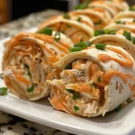 ['Close-up view of Buffalo Chicken Pinwheels on a plate, showcasing rolled tortillas filled with chicken and cheese.', 'Side view of sliced Buffalo Chicken Pinwheels revealing vibrant filling with a creamy texture.', 'Juicy Buffalo Chicken Pinwheels displayed on a wooden board, highlighting their cheesy and spicy ingredients.', 'Appetizing Buffalo Chicken Pinwheels arranged neatly, showing off their colorful ingredients and soft tortillas.']