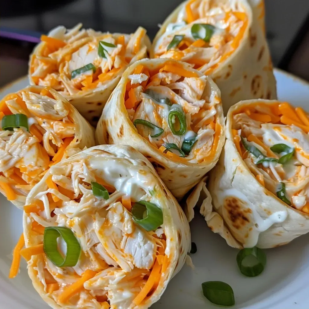 ['Close-up view of Buffalo Chicken Pinwheels on a plate, showcasing rolled tortillas filled with chicken and cheese.', 'Side view of sliced Buffalo Chicken Pinwheels revealing vibrant filling with a creamy texture.', 'Juicy Buffalo Chicken Pinwheels displayed on a wooden board, highlighting their cheesy and spicy ingredients.', 'Appetizing Buffalo Chicken Pinwheels arranged neatly, showing off their colorful ingredients and soft tortillas.']