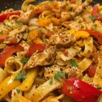 ['Close-up view of creamy Cajun chicken pasta with colorful bell peppers.', 'Side view of a bowl filled with Cajun chicken pasta garnished with parsley.', 'Juicy Cajun chicken pasta showcasing creamy sauce and diced vegetables.', 'Delicious Cajun chicken pasta in a bowl, highlighting the rich creaminess.']