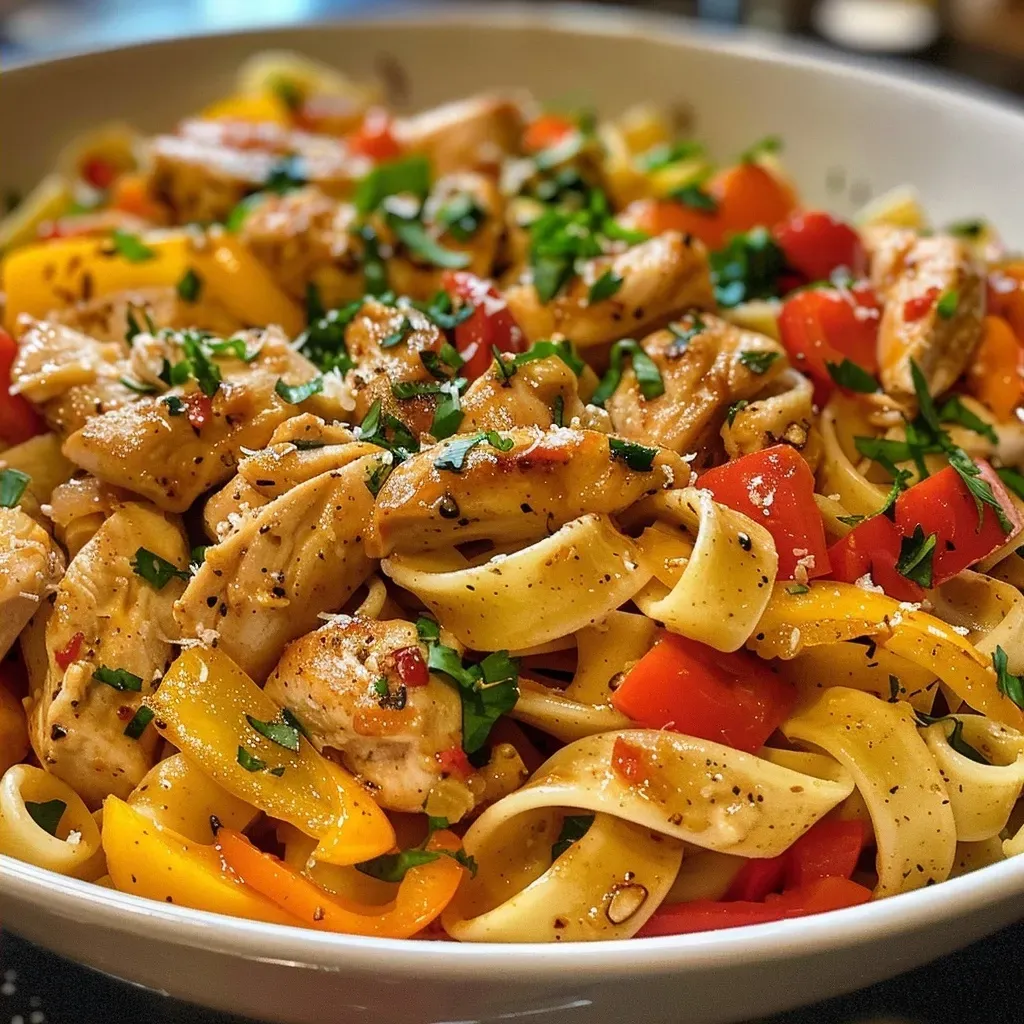 ['Close-up view of creamy Cajun chicken pasta with colorful bell peppers.', 'Side view of a bowl filled with Cajun chicken pasta garnished with parsley.', 'Juicy Cajun chicken pasta showcasing creamy sauce and diced vegetables.', 'Delicious Cajun chicken pasta in a bowl, highlighting the rich creaminess.']