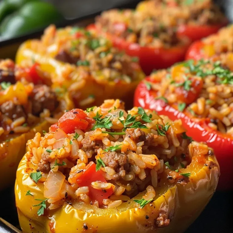 ['Close-up view of colorful bell peppers stuffed with Cajun dirty rice and ground chicken.', 'Side view of vibrant stuffed peppers filled with seasoned rice mix, showcasing juicy ingredients.', 'Juicy Cajun dirty rice stuffed peppers arranged attractively on a plate.', 'Detailed view of large bell peppers brimming with a savory rice mixture, garnished with parsley.']