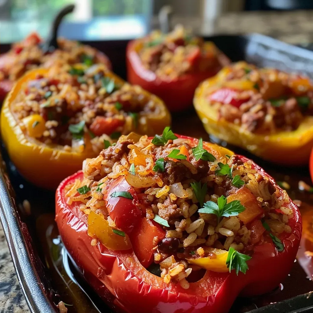 ['Close-up view of colorful bell peppers stuffed with Cajun dirty rice and ground chicken.', 'Side view of vibrant stuffed peppers filled with seasoned rice mix, showcasing juicy ingredients.', 'Juicy Cajun dirty rice stuffed peppers arranged attractively on a plate.', 'Detailed view of large bell peppers brimming with a savory rice mixture, garnished with parsley.']