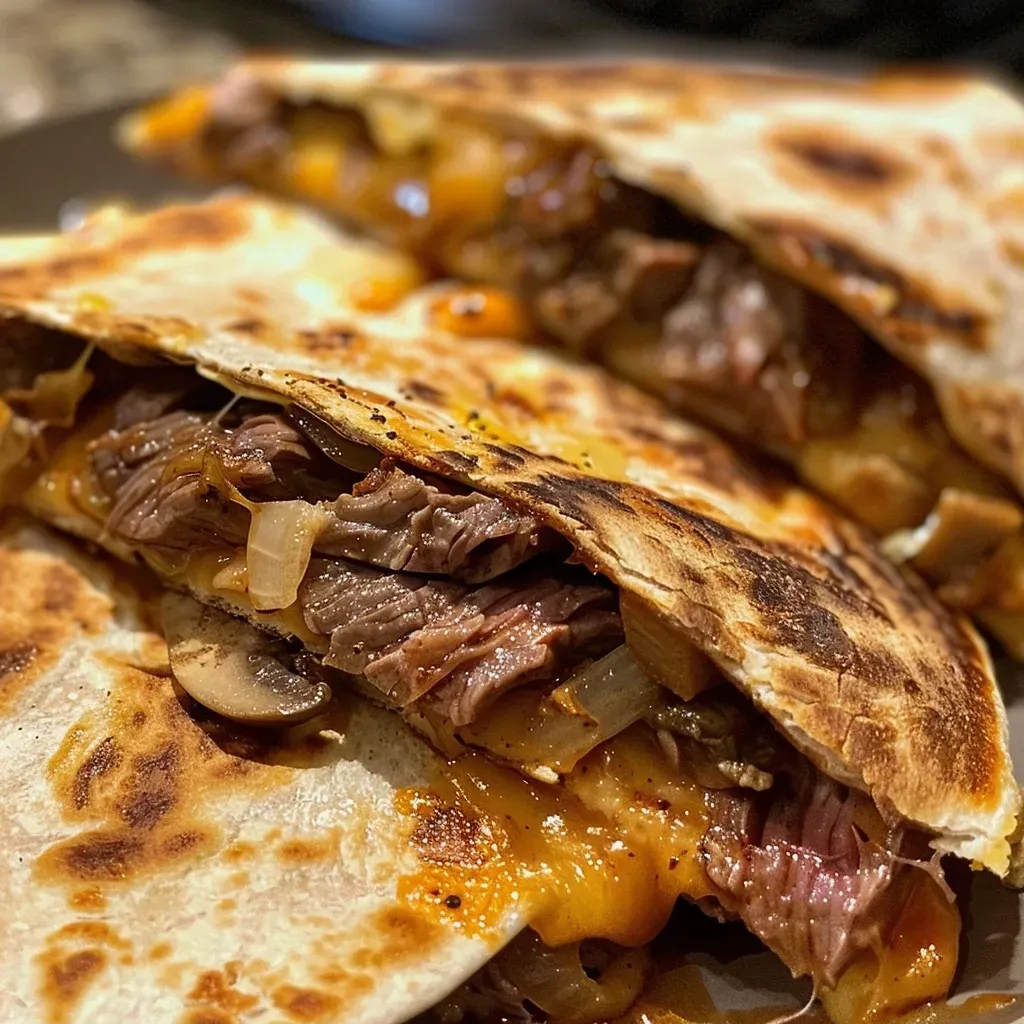['Close-up view of a Cajun steak quesadilla showing melted cheese and grilled steak.', 'Side angle of a delicious Cajun steak quesadilla filled with cheese, steak, mushrooms, and onions.', 'Juicy Cajun steak quesadilla with a golden-brown exterior and visible stuffing of cheese and vegetables.', 'Detailed shot of a Cajun steak quesadilla showcasing its hearty filling and crispy edges.']