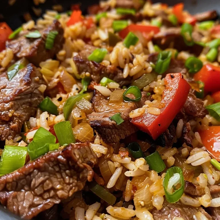 ['Close-up view of a plate of Cajun steak rice with vibrant bell peppers.', 'Delicious Cajun steak rice with juicy pieces of steak and colorful vegetables.', 'Side view of Cajun steak rice featuring steak, onions, and bell peppers.', 'A tempting dish of sweet and spicy Cajun steak rice garnished with green onions.']