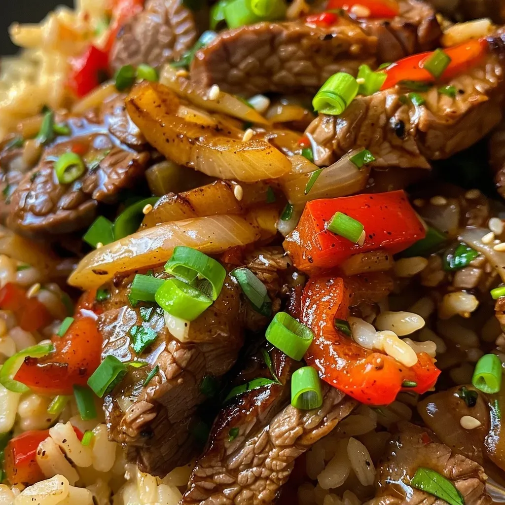 ['Close-up view of a plate of Cajun steak rice with vibrant bell peppers.', 'Delicious Cajun steak rice with juicy pieces of steak and colorful vegetables.', 'Side view of Cajun steak rice featuring steak, onions, and bell peppers.', 'A tempting dish of sweet and spicy Cajun steak rice garnished with green onions.']