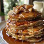 ['Close-up view of delicious caramel apple pancakes drizzled with caramel sauce.', 'A stack of fluffy pancakes topped with apple slices and caramel, captured from the side.', 'Side angle of caramel apple pancakes with melted butter and caramel drizzle.', 'Close-up of warm pancakes featuring apples and a glossy caramel topping.']