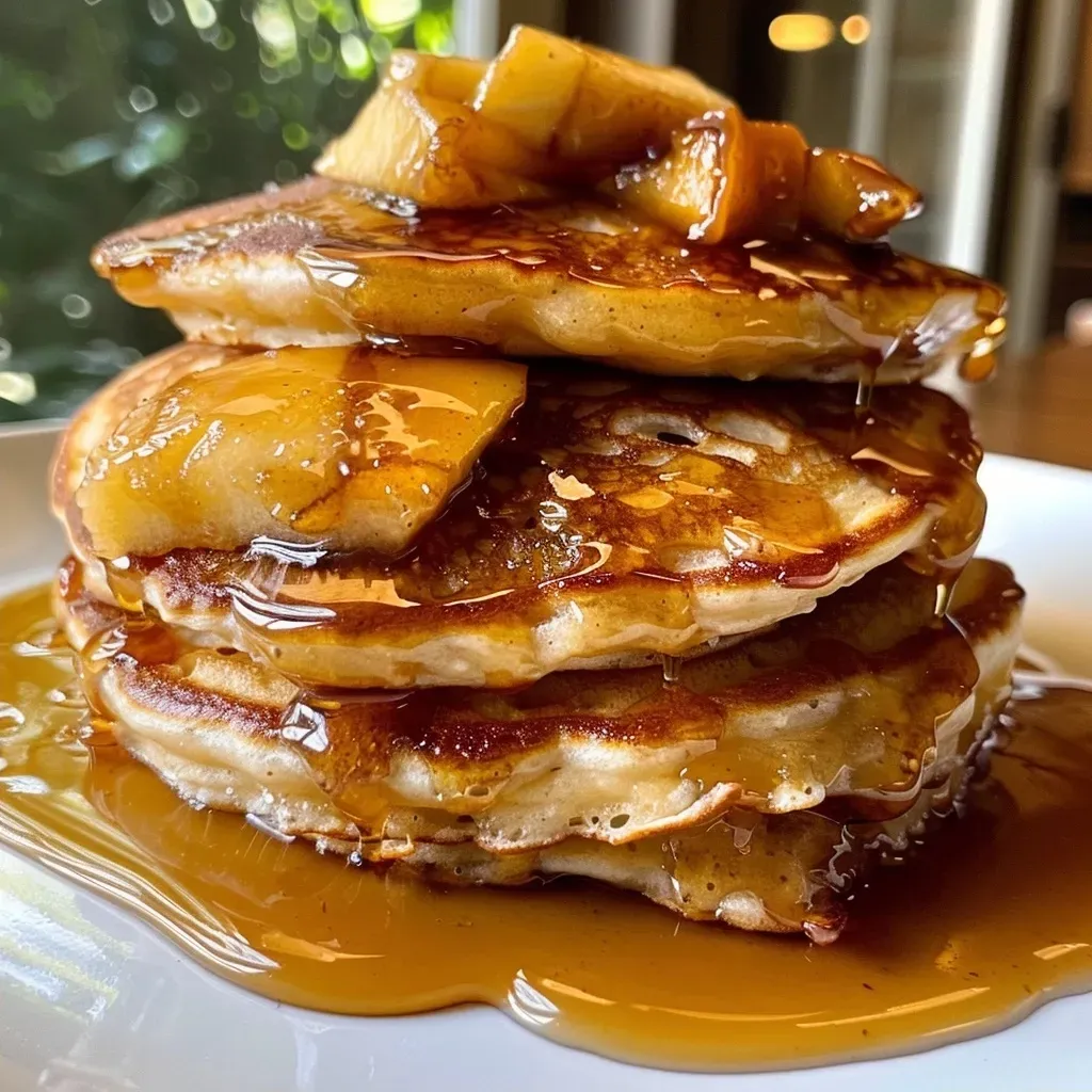 ['Close-up view of delicious caramel apple pancakes drizzled with caramel sauce.', 'A stack of fluffy pancakes topped with apple slices and caramel, captured from the side.', 'Side angle of caramel apple pancakes with melted butter and caramel drizzle.', 'Close-up of warm pancakes featuring apples and a glossy caramel topping.']