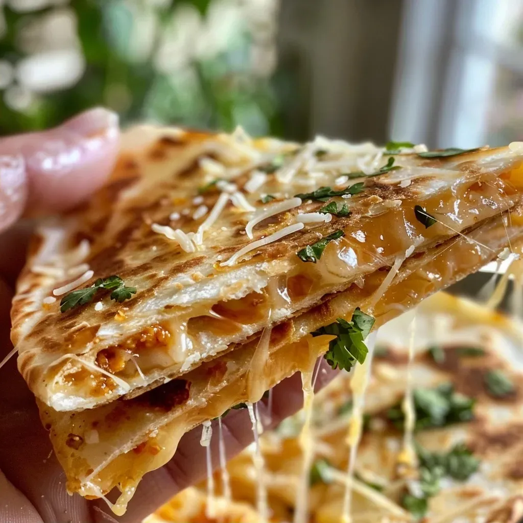 ['Close-up view of a cheesy quesadilla with melted cheese oozing out.', 'Side view of a golden-brown quesadilla filled with gooey cheese.', 'Appetizing cheese quesadilla with visible layers of melted cheese.', 'Deliciously cooked quesadilla showcasing crispy edges and cheese filling.']