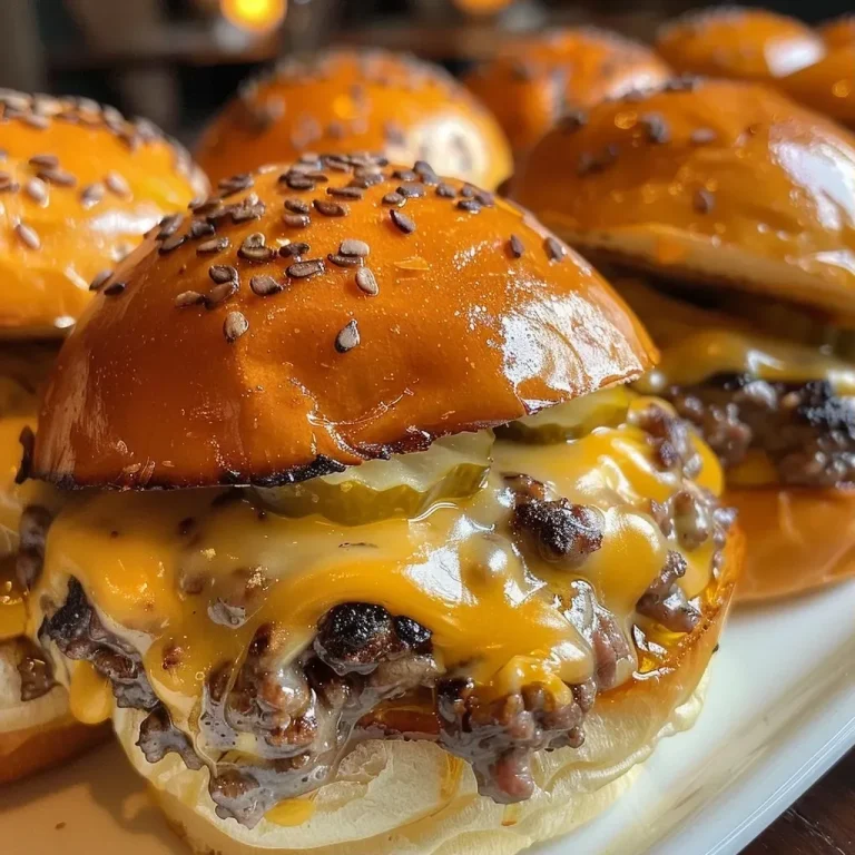 ['Close-up view of juicy cheeseburger sliders on a wooden platter.', 'Side view of multiple cheeseburger sliders with melted cheese and pickles.', 'Appetizing cheeseburger sliders stacked neatly with ingredients visible.', 'Delicious cheeseburger sliders showcasing fresh buns and toppings.']