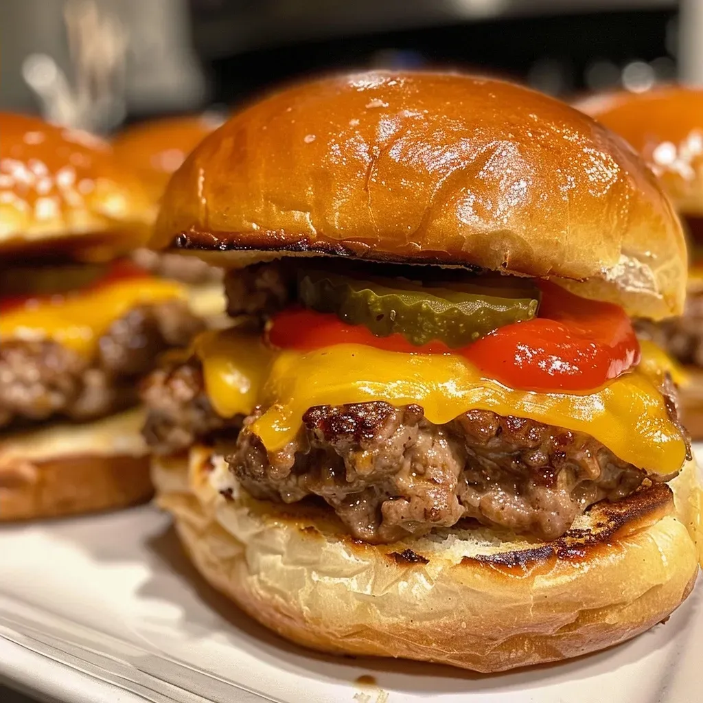 ['Close-up view of juicy cheeseburger sliders stacked on a wooden board.', 'Side angle of cheeseburger sliders with melted cheese and sesame seed topped buns.', 'Delicious cheeseburger sliders topped with onions and sauce, served on a plate.', 'Mouth-watering cheeseburger sliders featuring golden buns and fresh ingredients.']