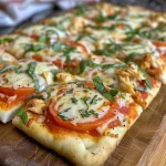 ['Close-up of a Cheesy Chicken Parmesan Flatbread Pizza topped with melted cheese and fresh basil.', 'Side view of a delicious flatbread pizza featuring chicken, mozzarella, and sliced tomatoes.', 'Juicy Cheesy Chicken Parmesan Flatbread Pizza with herbs, cheese, and colorful toppings.', 'A vibrant image of Chicken Parmesan Flatbread Pizza showcasing layers of cheese, chicken, and tomatoes.']