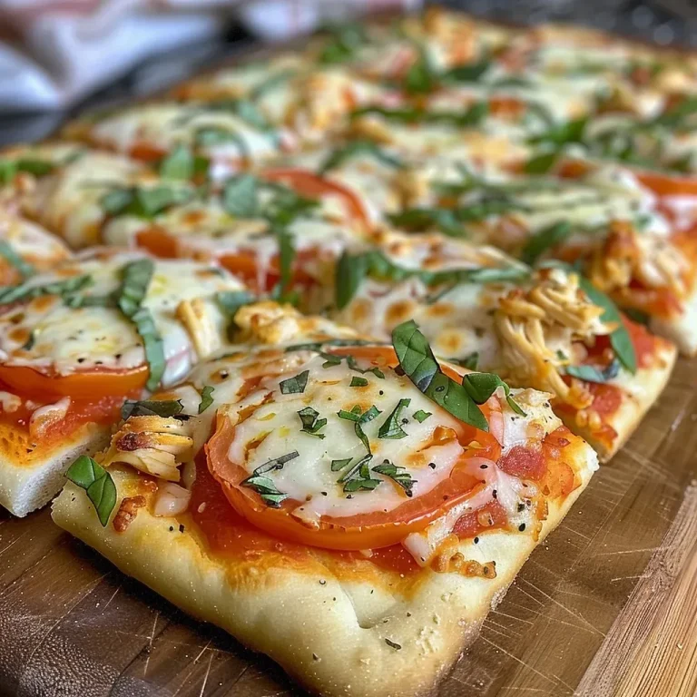['Close-up of a Cheesy Chicken Parmesan Flatbread Pizza topped with melted cheese and fresh basil.', 'Side view of a delicious flatbread pizza featuring chicken, mozzarella, and sliced tomatoes.', 'Juicy Cheesy Chicken Parmesan Flatbread Pizza with herbs, cheese, and colorful toppings.', 'A vibrant image of Chicken Parmesan Flatbread Pizza showcasing layers of cheese, chicken, and tomatoes.']