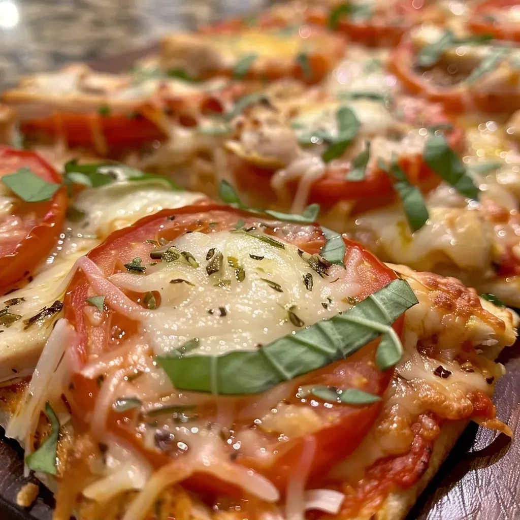 ['Close-up of a Cheesy Chicken Parmesan Flatbread Pizza topped with melted cheese and fresh basil.', 'Side view of a delicious flatbread pizza featuring chicken, mozzarella, and sliced tomatoes.', 'Juicy Cheesy Chicken Parmesan Flatbread Pizza with herbs, cheese, and colorful toppings.', 'A vibrant image of Chicken Parmesan Flatbread Pizza showcasing layers of cheese, chicken, and tomatoes.']