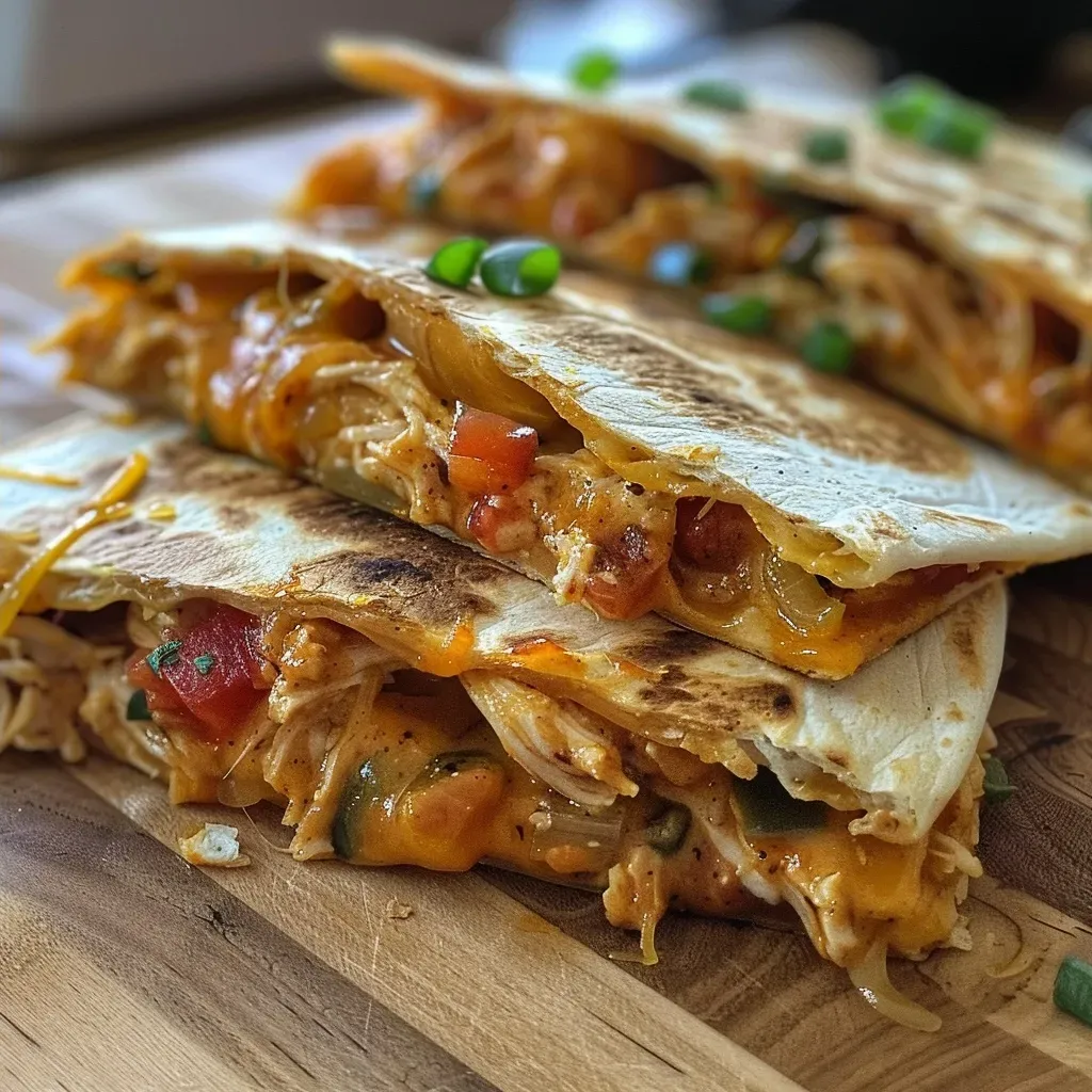 ['Close-up view of a cheesy salsa chicken quesadilla with colorful ingredients.', 'Side view of a juicy quesadilla filled with shredded chicken, cheese, and salsa.', 'Detailed image of a quesadilla showcasing melted cheese and vibrant peppers.', 'Mouth-watering close-up of a cheesy quesadilla with a golden-brown tortilla.']