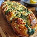 ['Close-up of a cheesy spinach cob loaf served in a round bread bowl.', 'Side view of a delicious spinach dip bread bowl with melted cheese.', 'A round loaf filled with creamy cheesy spinach dip, garnished and ready to serve.', 'Juicy cheesy spinach cob loaf displayed on a rustic wooden surface.']