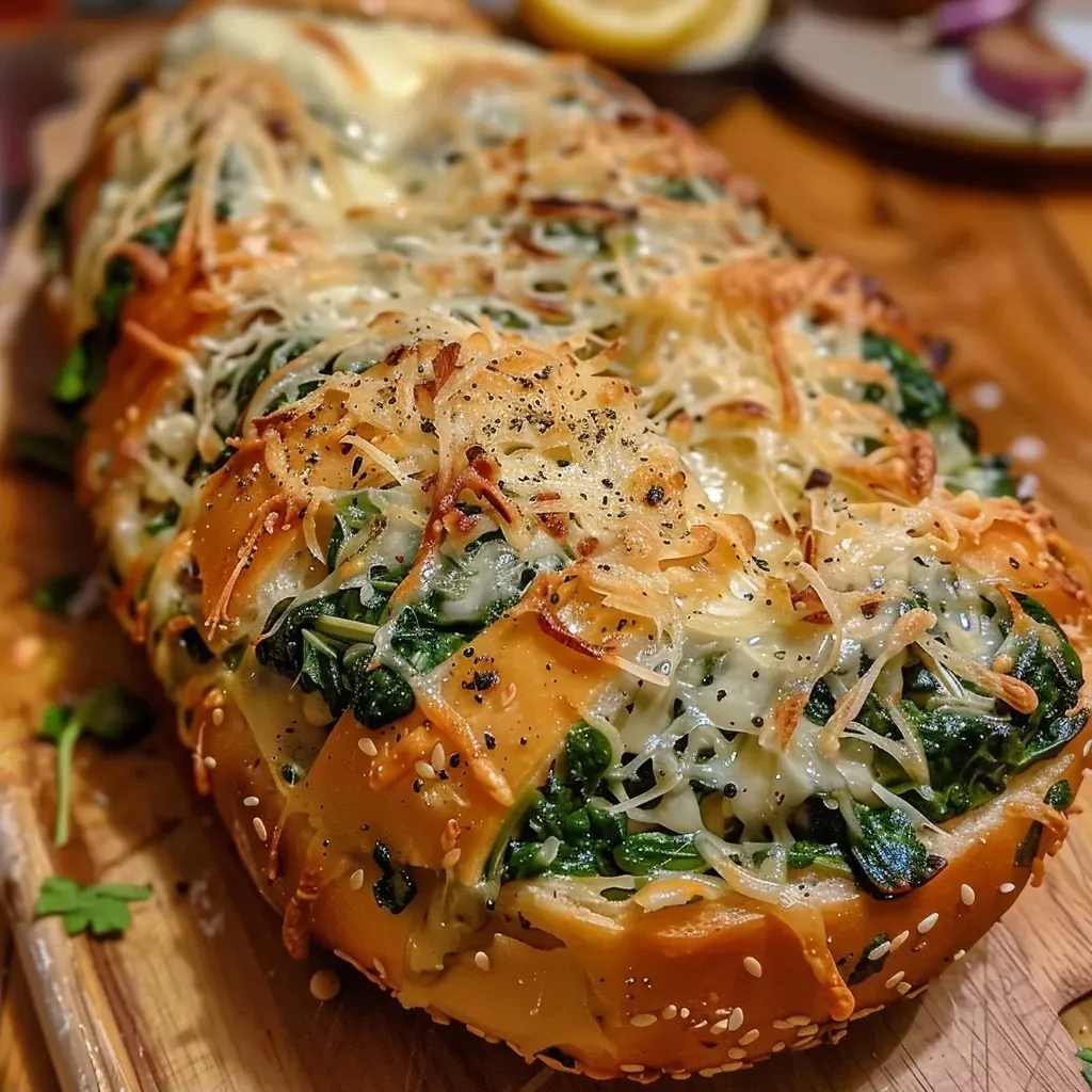 ['Close-up of a cheesy spinach cob loaf served in a round bread bowl.', 'Side view of a delicious spinach dip bread bowl with melted cheese.', 'A round loaf filled with creamy cheesy spinach dip, garnished and ready to serve.', 'Juicy cheesy spinach cob loaf displayed on a rustic wooden surface.']