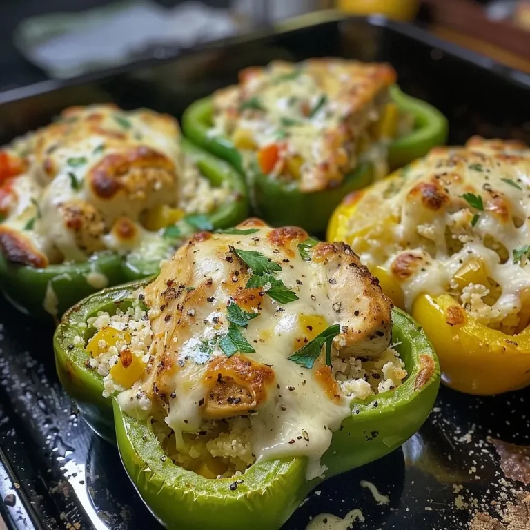 ['Close-up of Chicken Alfredo Stuffed Peppers with creamy sauce and melted cheese.', 'Side view of juicy Chicken Alfredo stuffed bell peppers, showcasing the filling.', 'Succulent Chicken Alfredo Stuffed Peppers on a plate, filled with creamy goodness.', 'Delicious Chicken Alfredo Stuffed Peppers, highlighting the colorful bell pepper halves.']