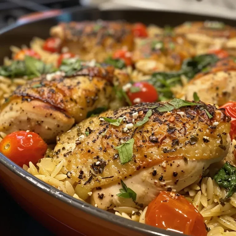 ['A close-up side view of a baked chicken and orzo dish with colorful ingredients.', 'Juicy chicken breast fillets melded with orzo pasta, cherry tomatoes, and spinach in a baking dish.', 'A vibrant Chicken and Orzo Bake displaying tender chicken, orzo, feta cheese, and fresh vegetables.', 'Close-up of a Chicken and Orzo Bake, featuring golden-brown chicken, cooked orzo, and colorful cherry tomatoes.']