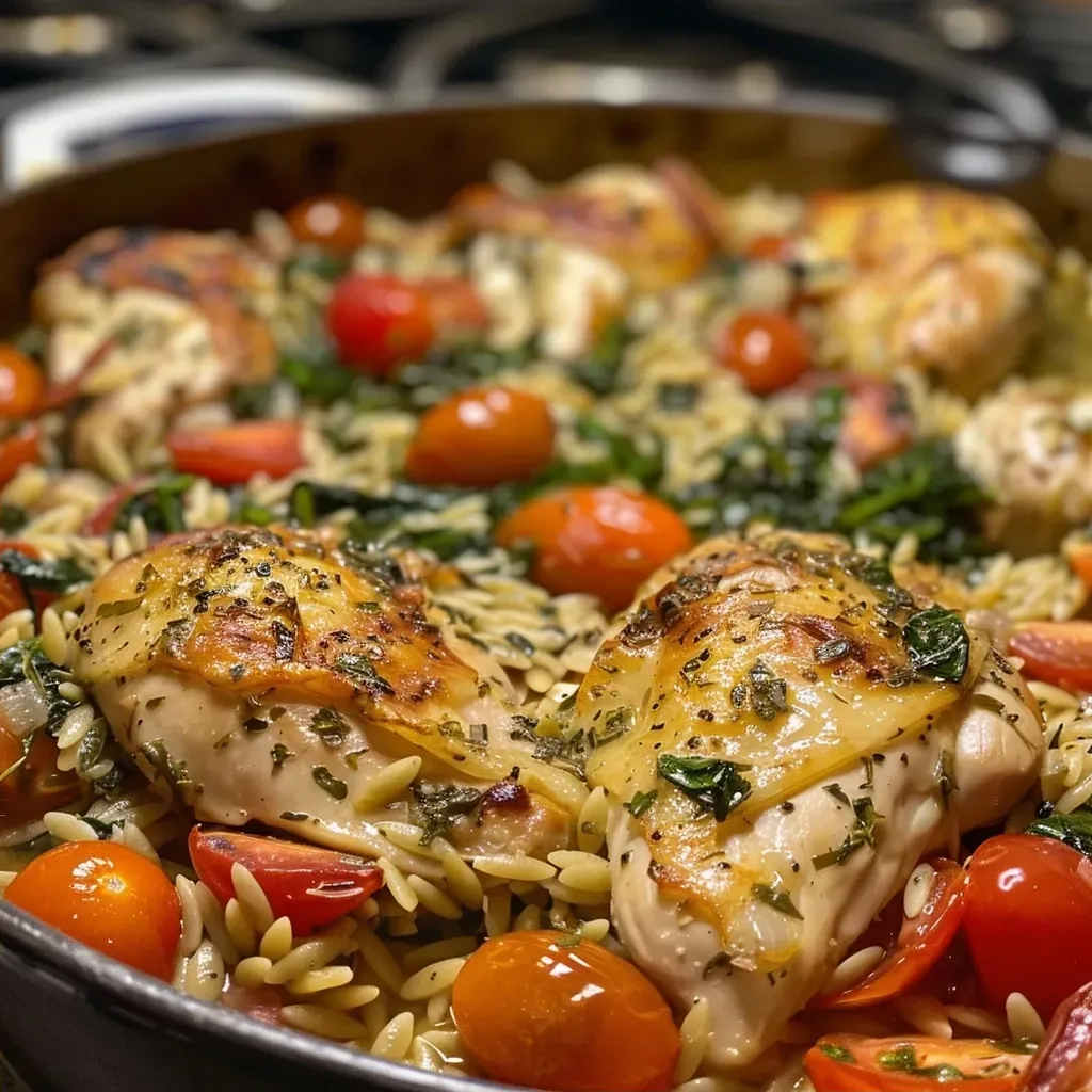 ['A close-up side view of a baked chicken and orzo dish with colorful ingredients.', 'Juicy chicken breast fillets melded with orzo pasta, cherry tomatoes, and spinach in a baking dish.', 'A vibrant Chicken and Orzo Bake displaying tender chicken, orzo, feta cheese, and fresh vegetables.', 'Close-up of a Chicken and Orzo Bake, featuring golden-brown chicken, cooked orzo, and colorful cherry tomatoes.']