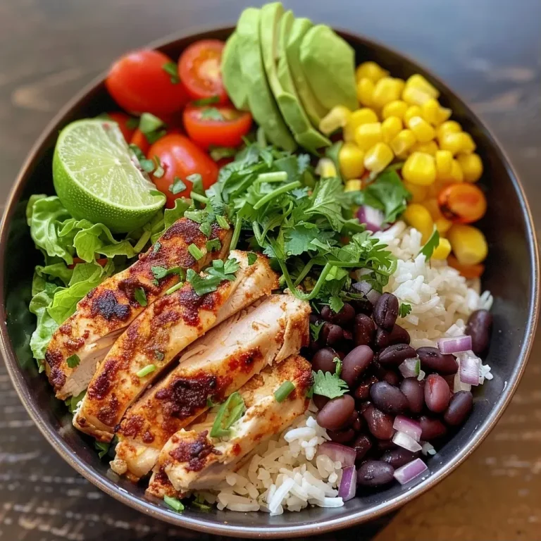 ['Close-up view of a Chicken Burrito Protein Bowl, showcasing vibrant ingredients.', 'Side view of a colorful Chicken Burrito Protein Bowl filled with various toppings.', 'Detailed image of a Chicken Burrito Protein Bowl highlighting chicken, vegetables, and rice.', 'Juicy Chicken Burrito Protein Bowl with fresh ingredients, viewed from the side.']