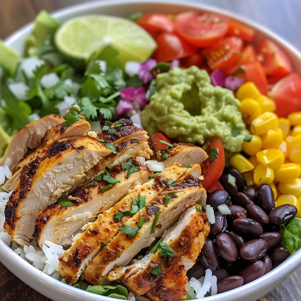 ['Close-up view of a Chicken Burrito Protein Bowl, showcasing vibrant ingredients.', 'Side view of a colorful Chicken Burrito Protein Bowl filled with various toppings.', 'Detailed image of a Chicken Burrito Protein Bowl highlighting chicken, vegetables, and rice.', 'Juicy Chicken Burrito Protein Bowl with fresh ingredients, viewed from the side.']
