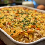 ['Close-up of a juicy Chicken Cornbread Casserole with a golden crust.', 'Side view of a delicious Chicken Cornbread Casserole, topped with cornbread.', 'A hearty Chicken Cornbread Casserole served in a baking dish, showing layers.', 'Close-up of a Chicken Cornbread Casserole with pieces of chicken and corn visible.']