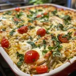 ['A close-up view of a Chicken Orzo Bake with melted cheese and colorful ingredients.', 'Side view of a creamy Chicken Orzo Bake featuring cherry tomatoes and spinach.', 'Juicy Chicken Orzo Bake displaying tender chicken, orzo pasta, and fresh vegetables.', 'A delicious serving of Chicken Orzo Bake with a rich cheese topping and vibrant colors.']