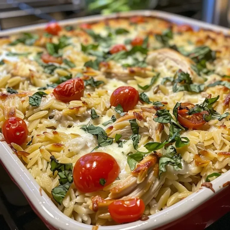 ['A close-up view of a Chicken Orzo Bake with melted cheese and colorful ingredients.', 'Side view of a creamy Chicken Orzo Bake featuring cherry tomatoes and spinach.', 'Juicy Chicken Orzo Bake displaying tender chicken, orzo pasta, and fresh vegetables.', 'A delicious serving of Chicken Orzo Bake with a rich cheese topping and vibrant colors.']