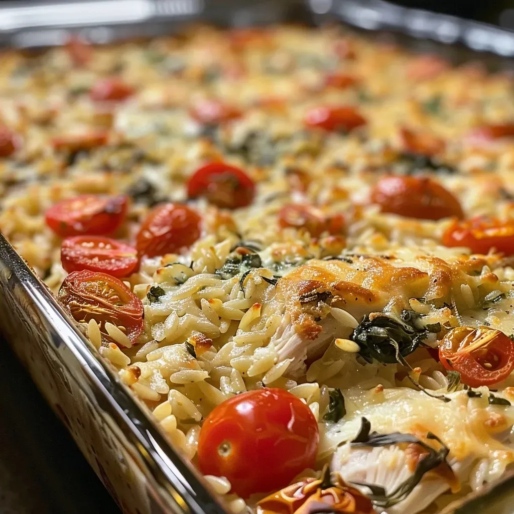 ['A close-up view of a Chicken Orzo Bake with melted cheese and colorful ingredients.', 'Side view of a creamy Chicken Orzo Bake featuring cherry tomatoes and spinach.', 'Juicy Chicken Orzo Bake displaying tender chicken, orzo pasta, and fresh vegetables.', 'A delicious serving of Chicken Orzo Bake with a rich cheese topping and vibrant colors.']