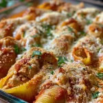 ['A close-up side view of Chicken Parmesan Stuffed Shells, showcasing the cheesy filling and marinara sauce.', 'Juicy Chicken Parmesan Stuffed Shells, topped with melted cheese and herbs, in a close-up side perspective.', 'Side view of Chicken Parmesan Stuffed Shells, highlighting the pasta shells filled with chicken and covered in sauce.', 'Delicious Chicken Parmesan Stuffed Shells displayed in a close-up image, revealing the ingredients and textures.']
