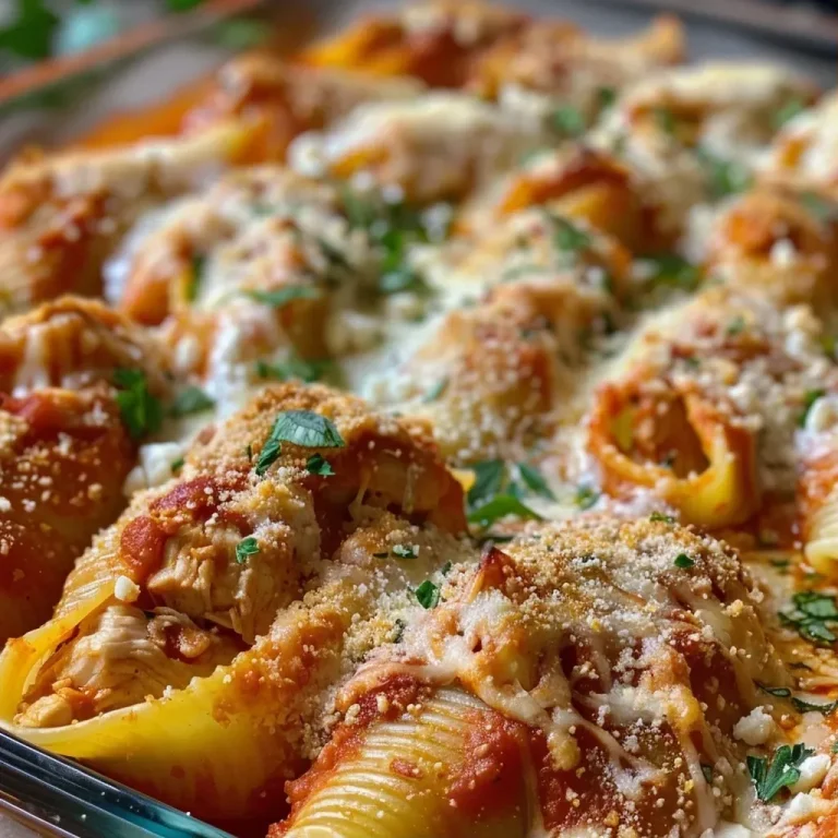 ['A close-up side view of Chicken Parmesan Stuffed Shells, showcasing the cheesy filling and marinara sauce.', 'Juicy Chicken Parmesan Stuffed Shells, topped with melted cheese and herbs, in a close-up side perspective.', 'Side view of Chicken Parmesan Stuffed Shells, highlighting the pasta shells filled with chicken and covered in sauce.', 'Delicious Chicken Parmesan Stuffed Shells displayed in a close-up image, revealing the ingredients and textures.']