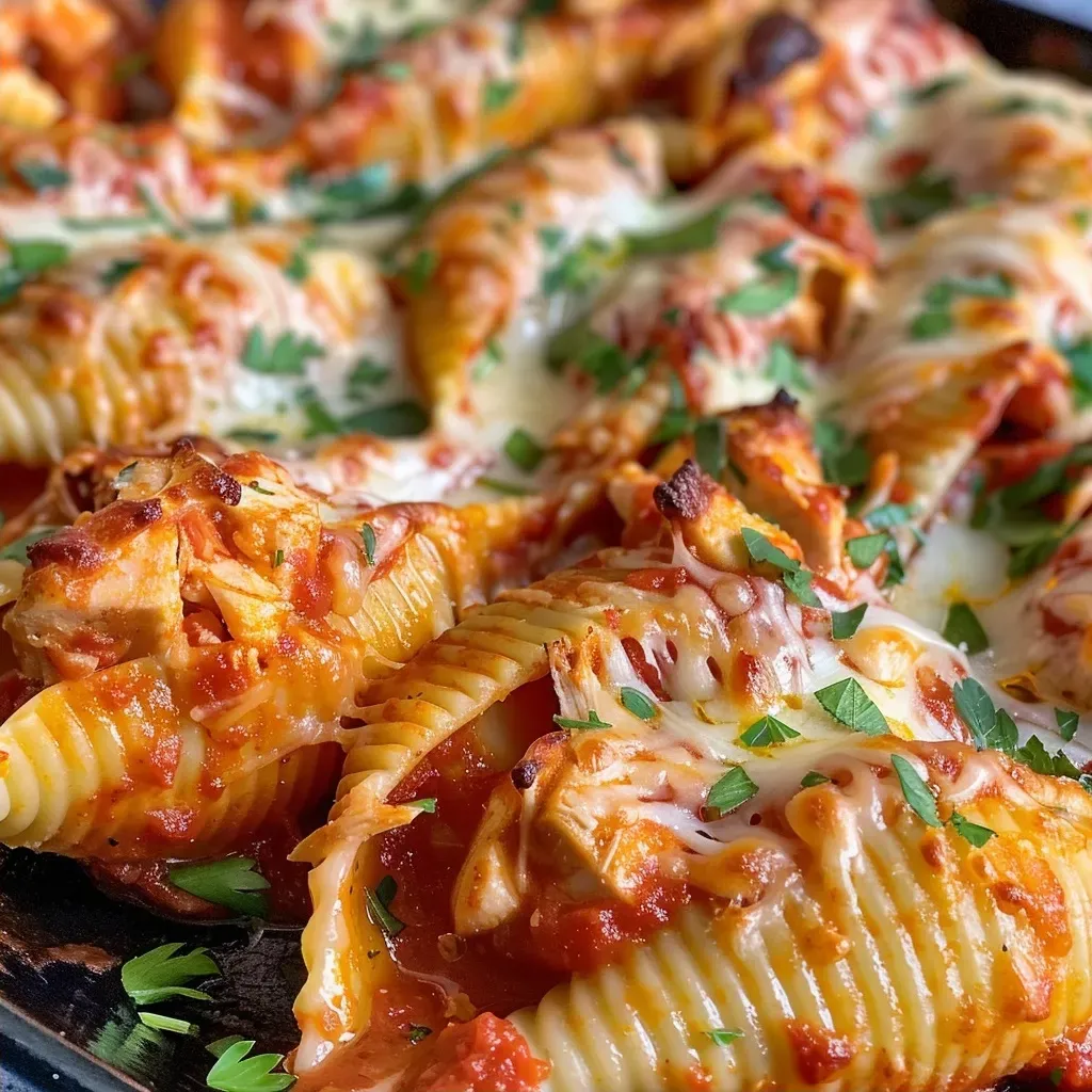 ['A close-up side view of Chicken Parmesan Stuffed Shells, showcasing the cheesy filling and marinara sauce.', 'Juicy Chicken Parmesan Stuffed Shells, topped with melted cheese and herbs, in a close-up side perspective.', 'Side view of Chicken Parmesan Stuffed Shells, highlighting the pasta shells filled with chicken and covered in sauce.', 'Delicious Chicken Parmesan Stuffed Shells displayed in a close-up image, revealing the ingredients and textures.']