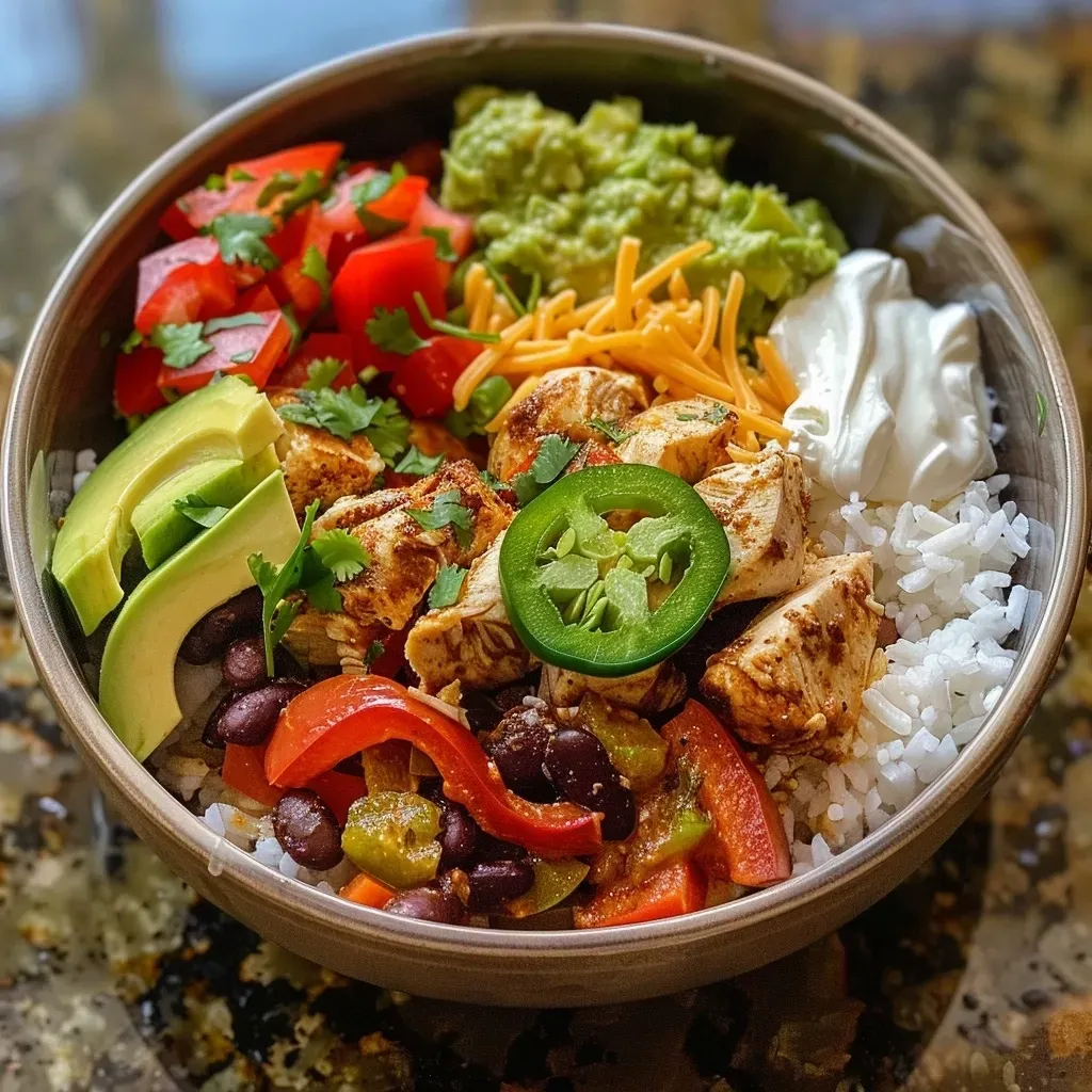 ['Close-up of a Chicken Taco Bowl layered with colorful ingredients.', 'Side view of a delicious Chicken Taco Bowl with vegetables and toppings.', 'Juicy Chicken Taco Bowl garnished with avocado and cilantro.', 'Vibrant Chicken Taco Bowl featuring chicken, peppers, and rice.']