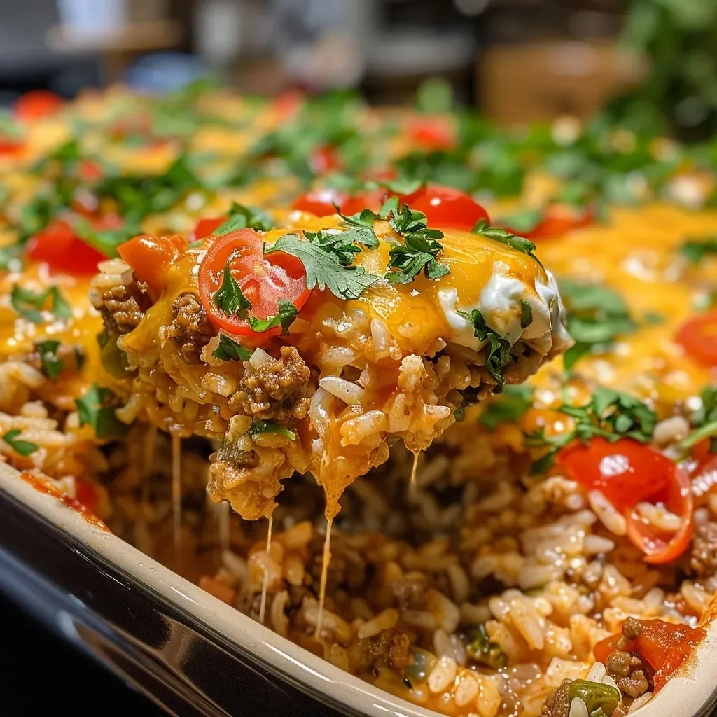 ['A close-up side view of a layered Chili Cream Rice Bake, showcasing its creamy texture and colorful ingredients.', 'A detailed image of Chili Cream Rice Bake, featuring ground beef and melted cheese on top.', 'Side view of a hearty Chili Cream Rice Bake with visible layers of rice and chili beans.', 'A close view of a chili and cheese topped rice casserole, highlighting its creamy texture.']