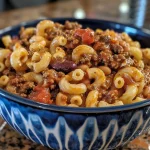 ['Close-up view of a bowl of Chili Mac, showcasing the golden elbow macaroni and rich chili sauce.', 'Side angle of a dish filled with Chili Mac, highlighting the melted cheddar cheese on top.', 'Detailed image of Chili Mac, featuring ground beef and tomatoes mixed with pasta.', 'Close-up of a hearty serving of Chili Mac, garnished with melted cheese and diced onions.']