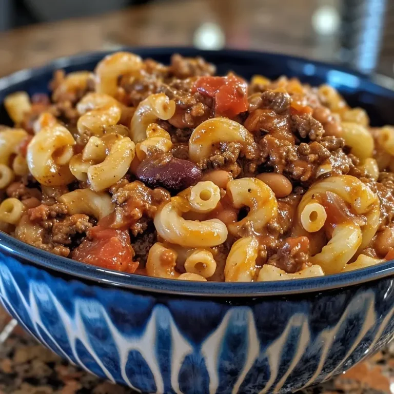 ['Close-up view of a bowl of Chili Mac, showcasing the golden elbow macaroni and rich chili sauce.', 'Side angle of a dish filled with Chili Mac, highlighting the melted cheddar cheese on top.', 'Detailed image of Chili Mac, featuring ground beef and tomatoes mixed with pasta.', 'Close-up of a hearty serving of Chili Mac, garnished with melted cheese and diced onions.']