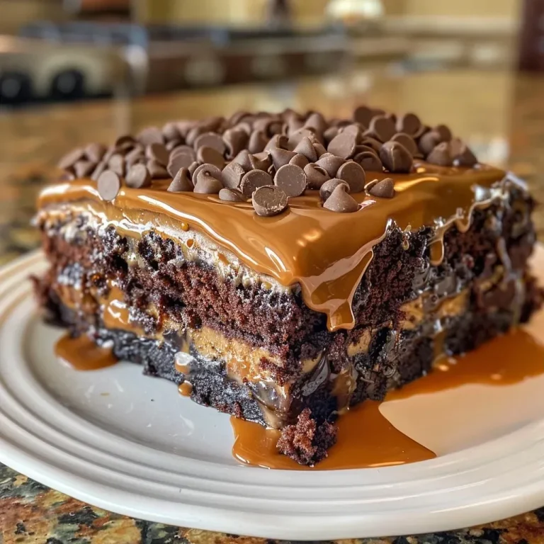 ['A close-up side view of a rich Chocolate Caramel Poke Cake, showcasing its moist layers and caramel drizzle.', 'Detailed shot of a Chocolate Caramel Poke Cake, highlighting the glossy chocolate pudding and sweet toppings.', 'Side view of a decadent Chocolate Caramel Poke Cake, featuring layers of chocolate, caramel, and whipped cream.', 'Close-up of a Chocolate Caramel Poke Cake, emphasizing the lush caramel sauce topping and cake texture.']