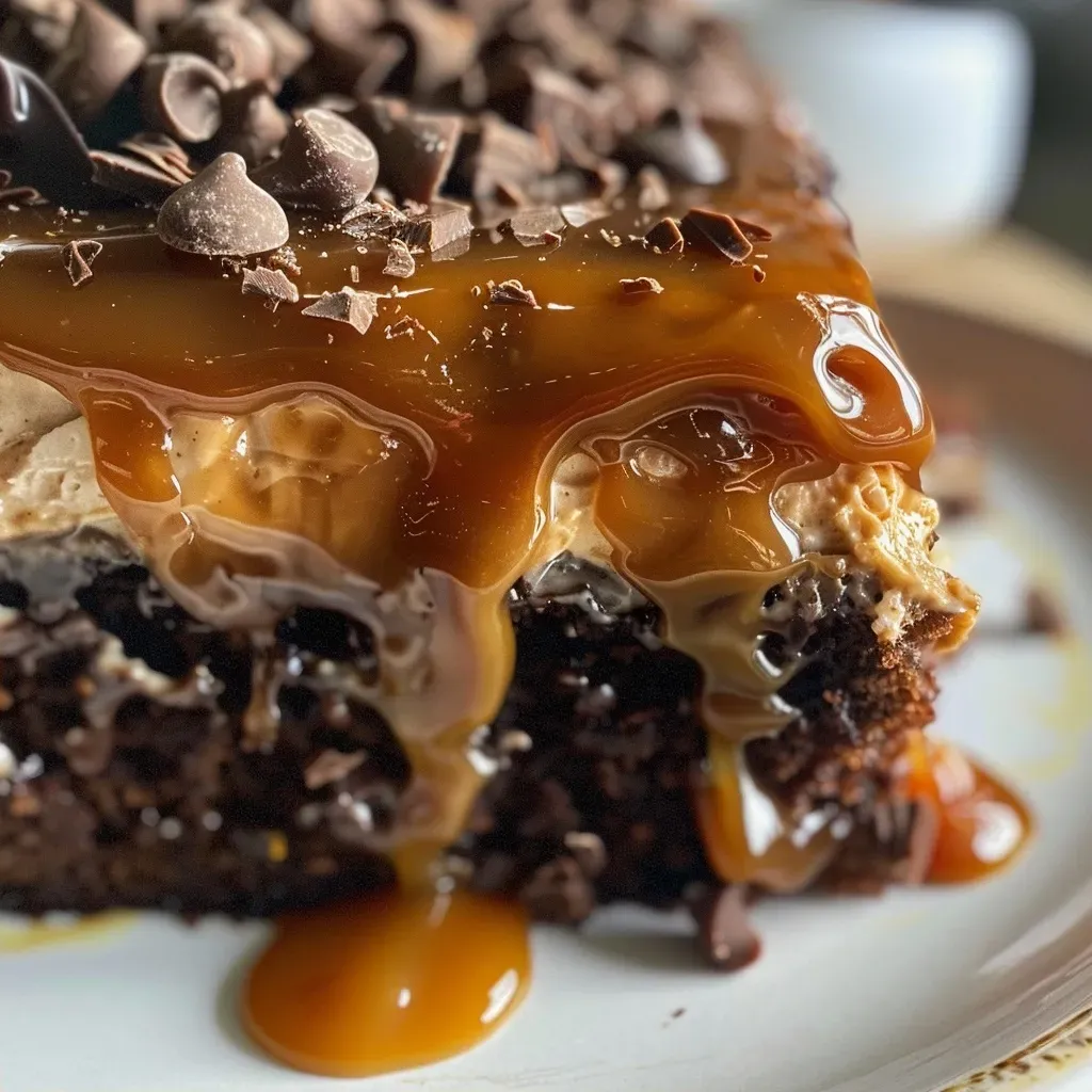 A close-up side view of a rich Chocolate Caramel Poke Cake, showcasing its moist layers and caramel drizzle.
