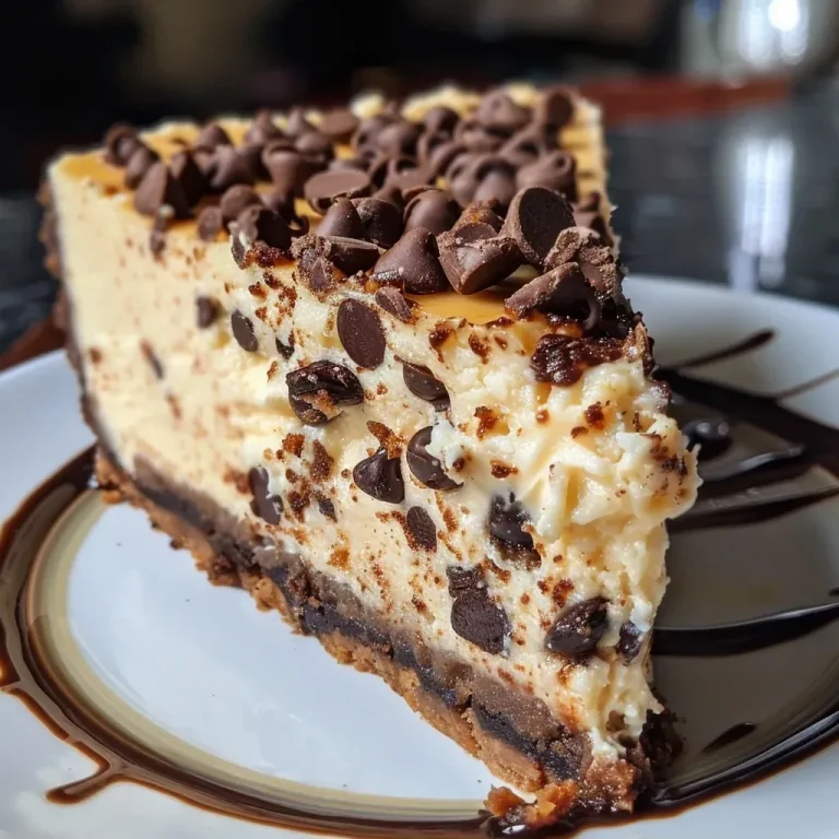 ['A side view of a decadent Chocolate Chip Cookie Dough Cheesecake with visible cookie dough balls and a chocolate chip topping.', 'Close-up side shot of a rich Chocolate Chip Cookie Dough Cheesecake, showcasing its creamy layers and chocolate chips.', 'A mouthwatering display of Chocolate Chip Cookie Dough Cheesecake, highlighting the cookie crust and dough chunks.', 'Delicious Chocolate Chip Cookie Dough Cheesecake viewed from the side, featuring a smooth cream cheese layer and cookie dough pieces.']