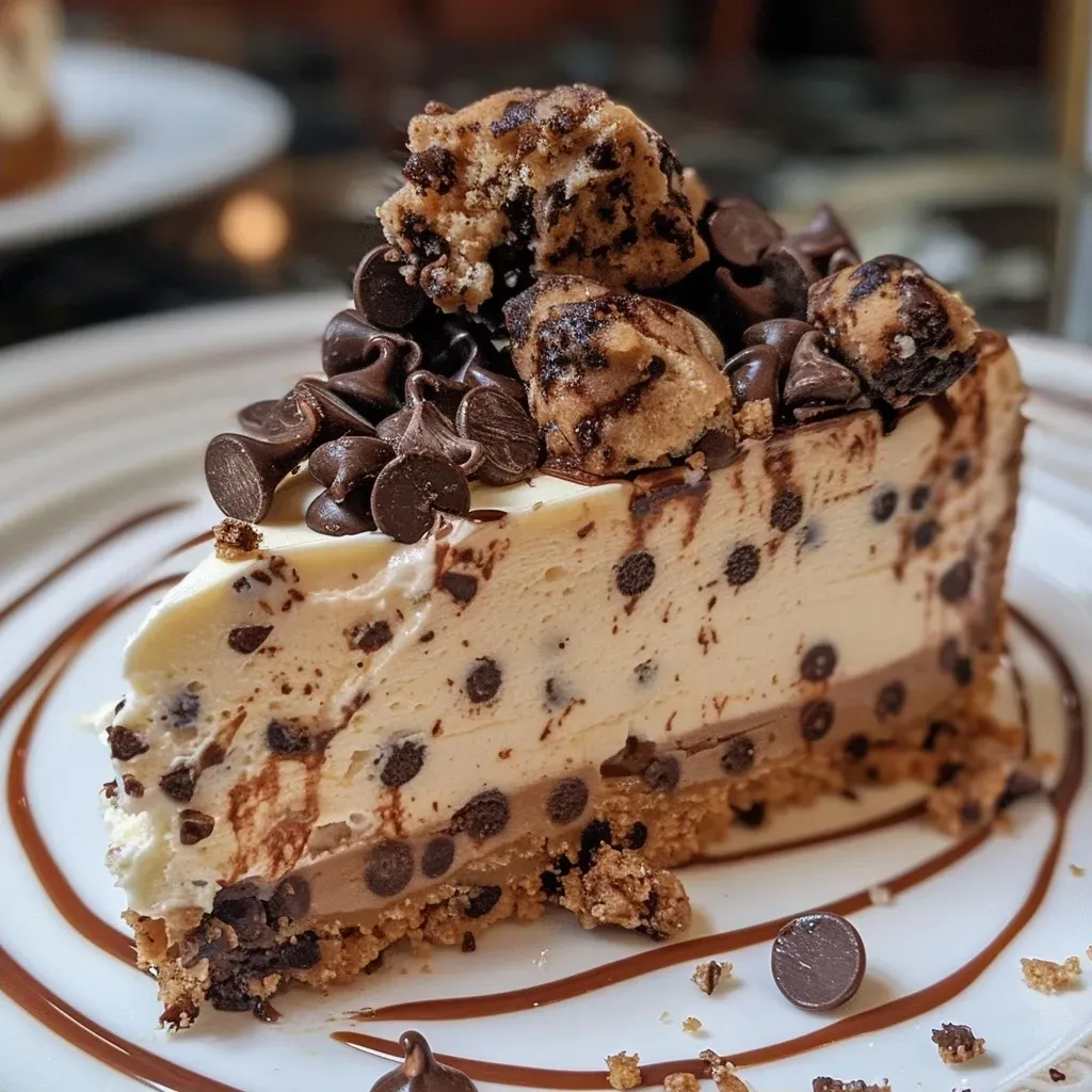 ['Side view of a rich Chocolate Chip Cookie Dough Cheesecake with chocolate chips on top.', 'Close-up of a decadent Chocolate Chip Cookie Dough Cheesecake showcasing layers and cookie dough pieces.', 'A slice of Chocolate Chip Cookie Dough Cheesecake displaying creamy texture and cookie chunks.', 'Side angle of a Chocolate Chip Cookie Dough Cheesecake highlighting its glossy finish and toppings.']