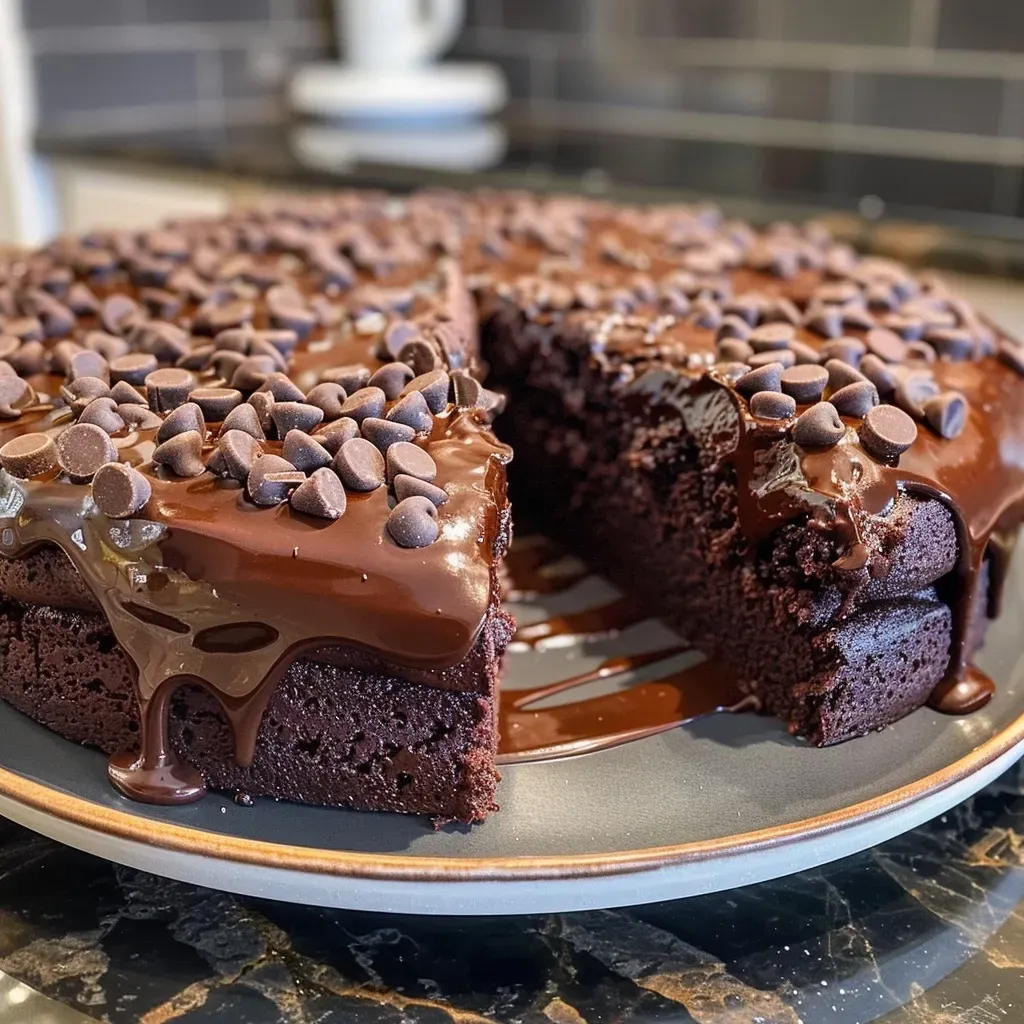 ['A close-up side view of a moist chocolate cookie cake with white chocolate chips.', 'A rich chocolate cookie cake displayed on a plate, showcasing its thick layers and glossy surface.', 'An appetizing slice of chocolate cookie cake with melted chocolate and white chocolate chips visible.', 'A decadent chocolate cookie cake captured in detail, highlighting its soft texture and oozy chocolate.']
